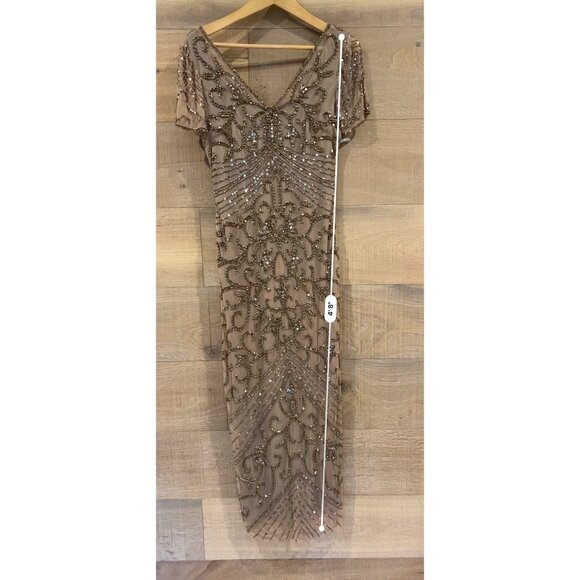 PISARRO NIGHTS Beaded Mesh Column Gown In Oyster size 2 - Picture 8 of 8